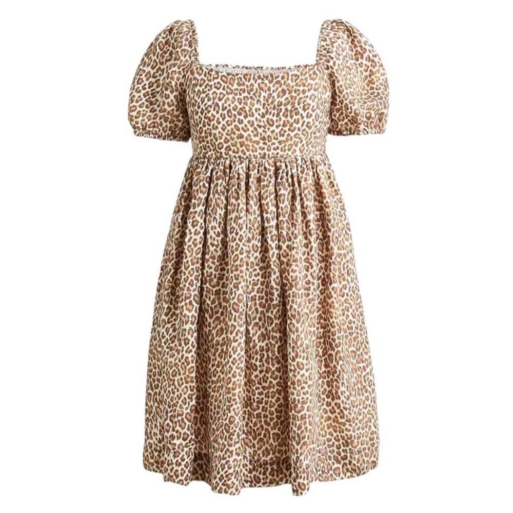 J. Crew Babydoll Leopard Print Mini Dress Size 10 Linen Cupro Coquette Cottage